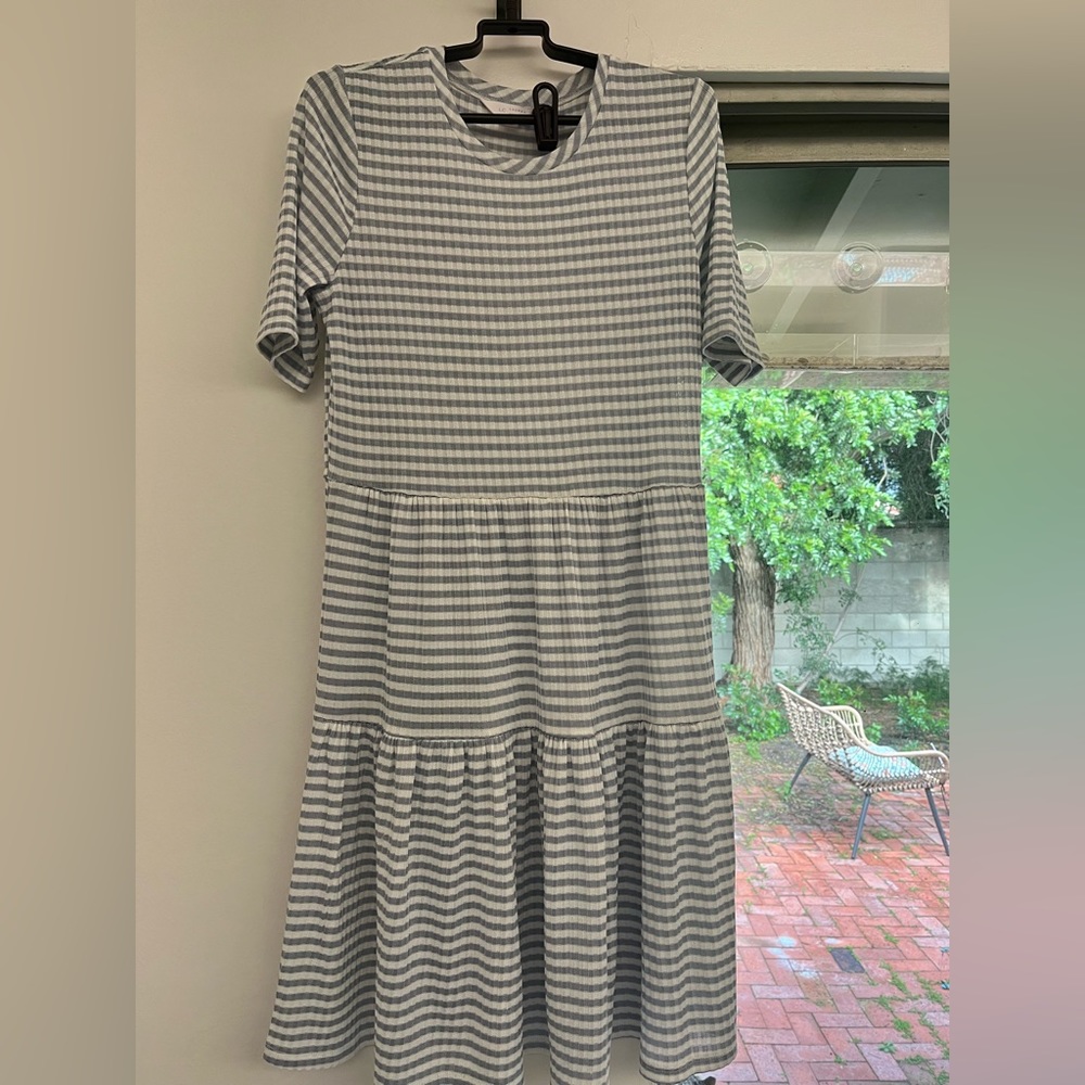 Lauren Conrad Tiered Flare Striped Dress Short Sleeves Midi Modest Cottagecore